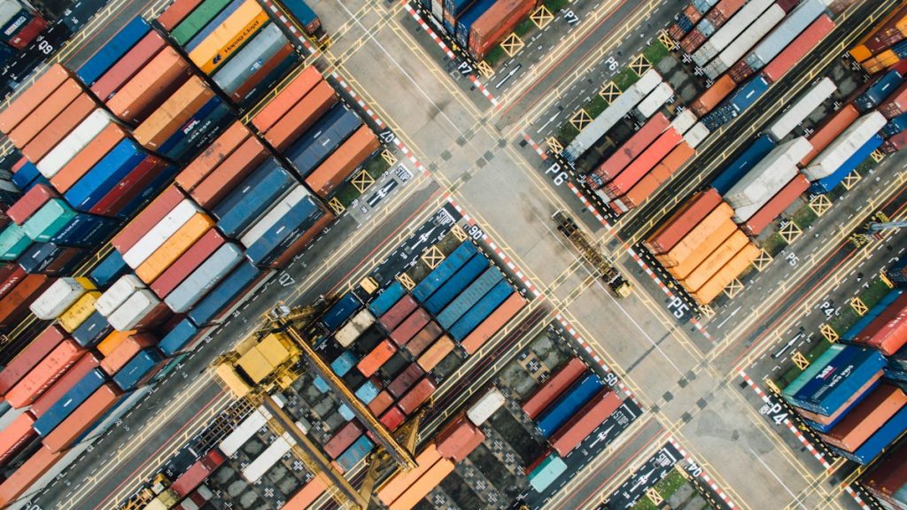 Aerial view of a container yard at a shipping port